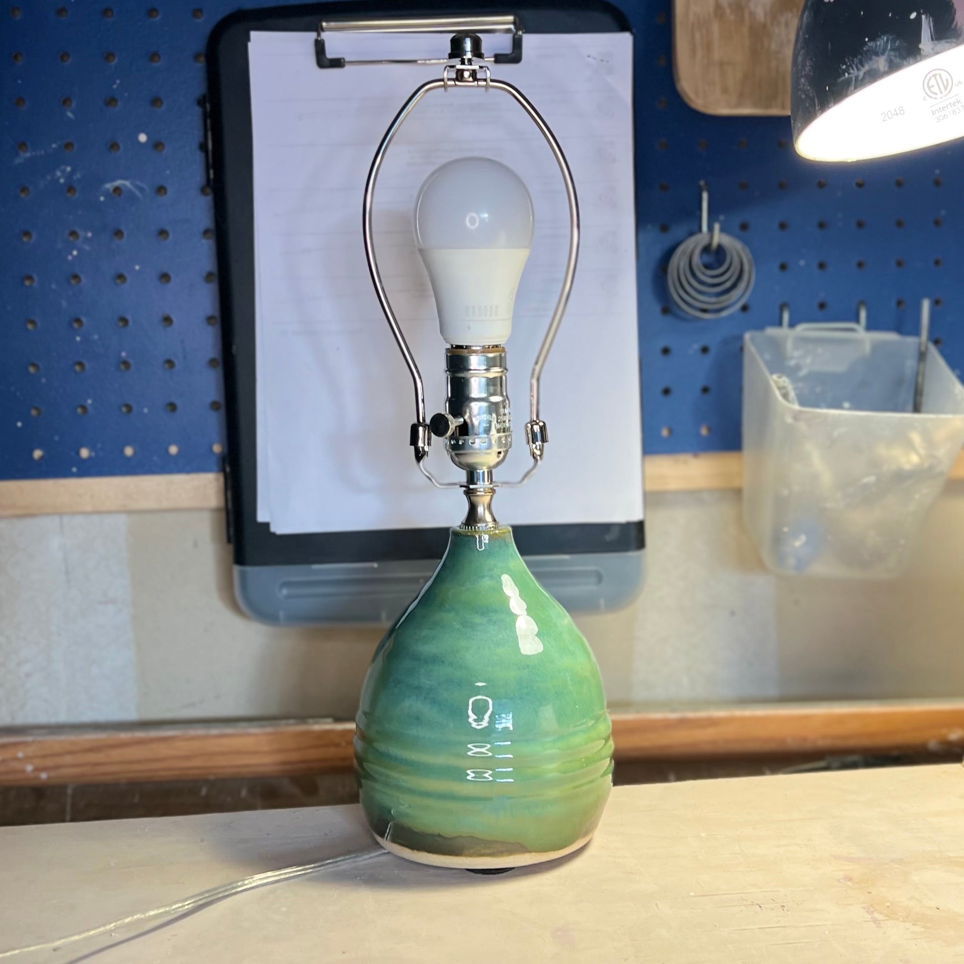 Handmade Ceramic Table Lamp – Swirled Stoneware Base with Soft Green Glaze