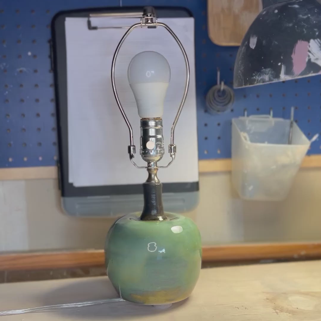 Handmade Ceramic Table Lamp – Apple-Shaped Stoneware Base with Soft Green Glaze